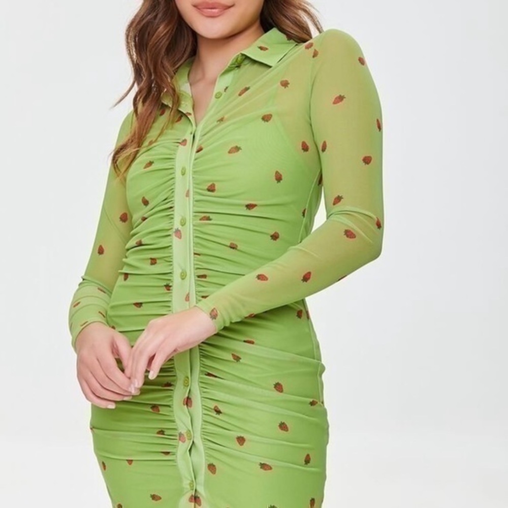 Forever 21 : Mesh Green Strawberry Print Mini Dress 🍓Size S | NWT